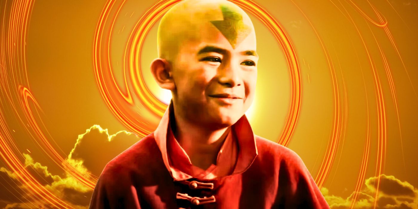 Gordon Cormier as Aang in Netflix's live-action Avatar: The Last Airbender with an orange background