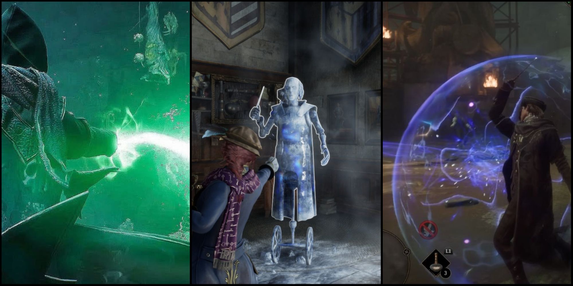 A split image of three different students using combat spells in Hogwarts Legacy