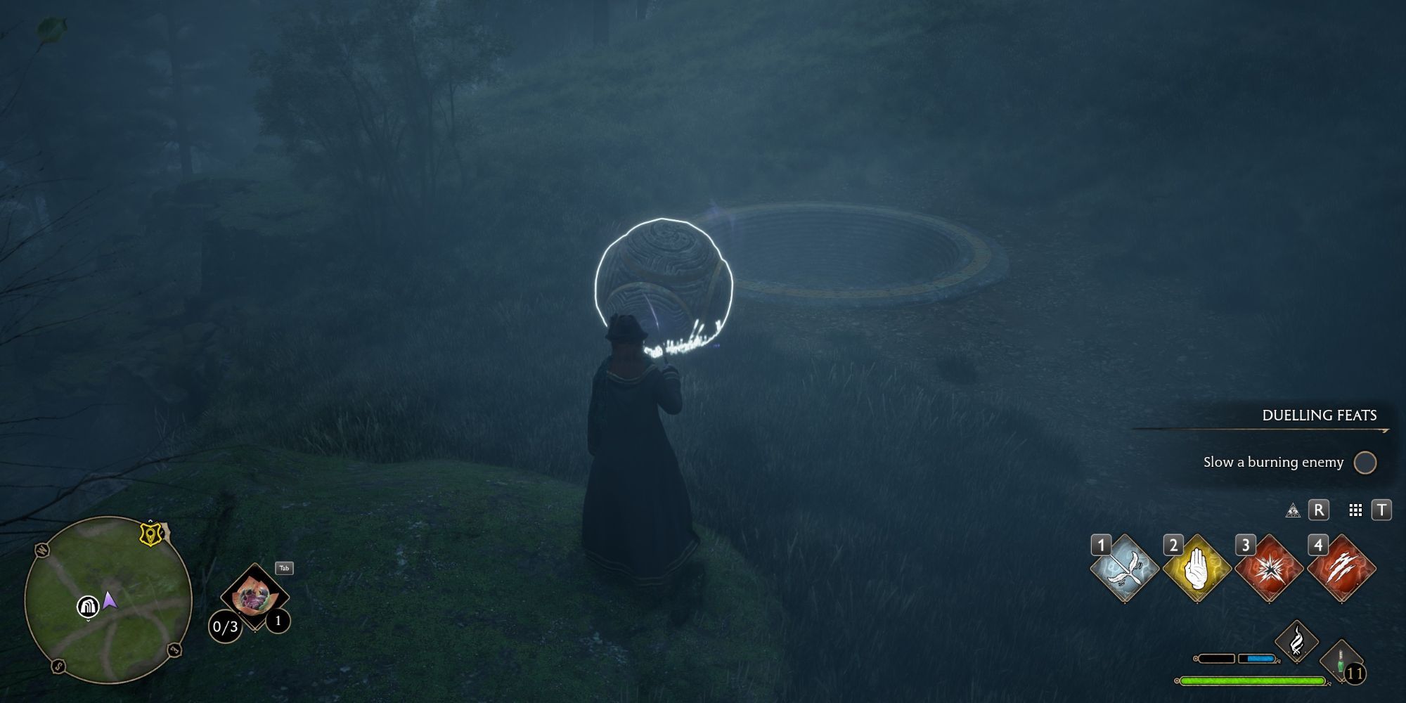 Hogwarts Legacy's player moving a ball to a whole in the ground in a Merlin Trial